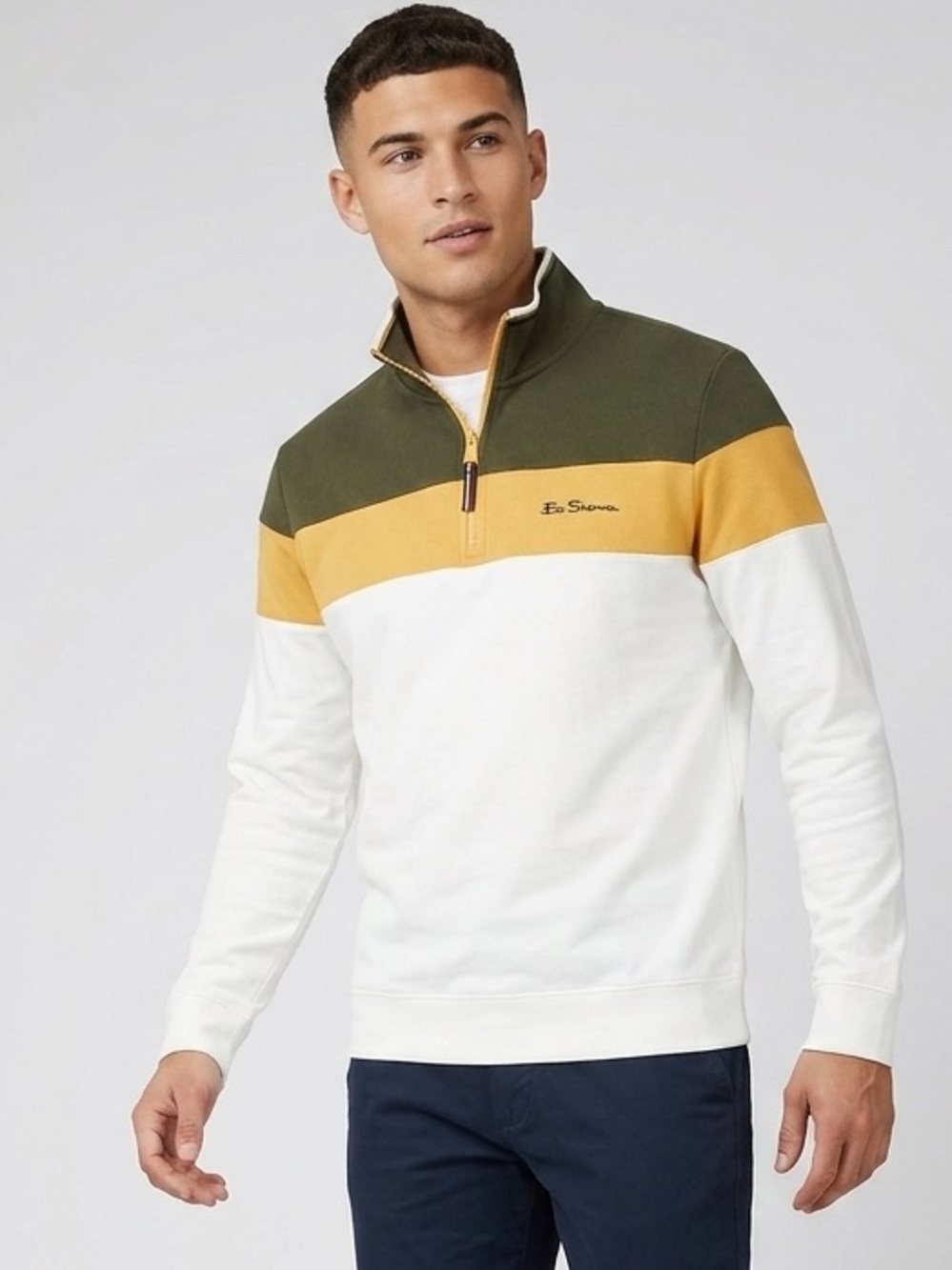 Ben Sherman Olive, Mustard & White Quarter-Zip Colorblock Sweatshirt, Size Small